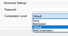 Compression Task Editor Advanced Settings section showing default Password and Compression Level options.